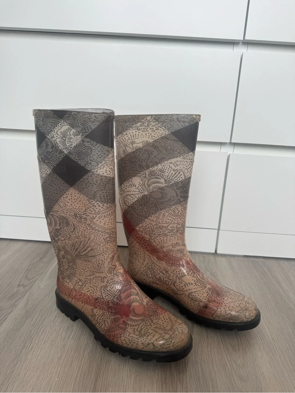 Burberry Beige and Black Patterned Tall Rain Boots
